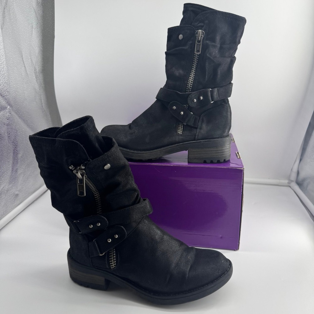 Carlos Santana Black Sawyer Distressed Motorcycle Boots, Studded Harness